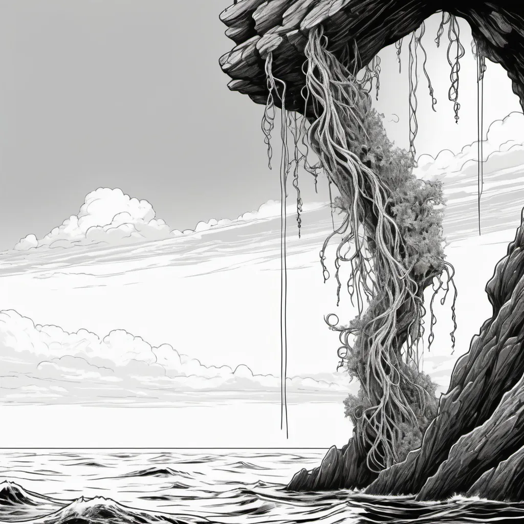 Prompt: submerged sprouting organic tendrils of rock climbing to the surface of the ocean above, beautiful line art, horror illustration, long vertical sticker, b and w,masterpiece, 