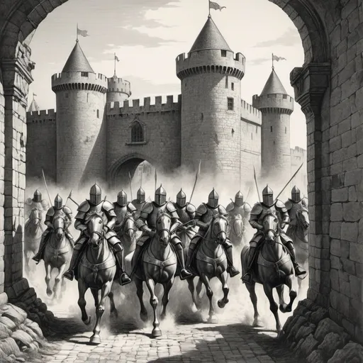 Prompt: Erol Otus, Ian Millar, detailed, etching, in duotone illustration, masterpiece, volumetric lighting, detailed line work, six knights in heavy armour charging on armoured horses through the gates of corrupt town, town guards are diving out of the way of the oncoming knights, archers on the walls are firing down at the knights, the knights are unstoppable, cover art, art gallery quality