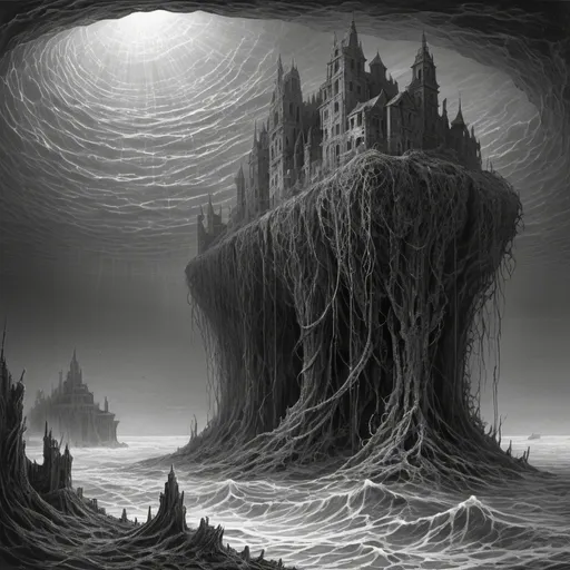 Prompt: submerged fantasy ruined city sprouting organic tendrils of organic rock to the surface of the ocean above, beautiful line art, monochrome, illustration, square sticker, masterpiece, Gustav Dore, Zdzisław Beksiński