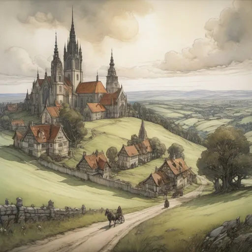 Prompt: Anato Finnstark and Arthur Rackham paint a vibrant and idyllic fantasy city, meadows and rolling hills, farm lands in the distance, pearl white heavenly cathedral and magnificent detailed baroque university, realistic, bright, hopeful, Eden