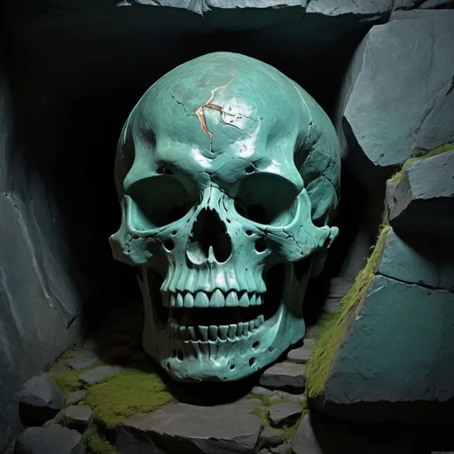 Prompt: abstract sculpture of a giant front facing jawless skull, it is hewn from rough basalt but has a verdigris patina as though traces of copper were present, it looms out of the dark wall of an evil cavern, the cavern is an unholy place of worship, it is a god, shadowed figures lie prostrate before it, grim dark, dark fantasy, Marc Simonetti, masterpiece, illustration, its lower jaw is missing