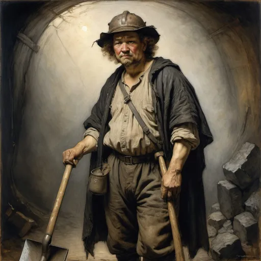 Prompt: Rembrandt, Arthur Rackham, rich oil portrait, mop haired samoan coal miner wearing overalls and heavy cloak, he prouldy carries a long shovel over his shoulder, he is content, masterpiece, dramatic pose, dramatic lighting, realistic 