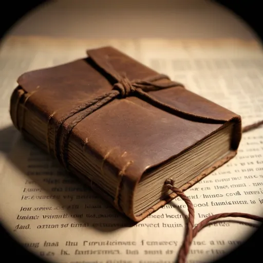 Prompt: Old thick small leather book stuffed with old parchment pages and wrapped with a single leather cord, Very old, close up,  Plain old page, faintly stained. highly detailed, 4k