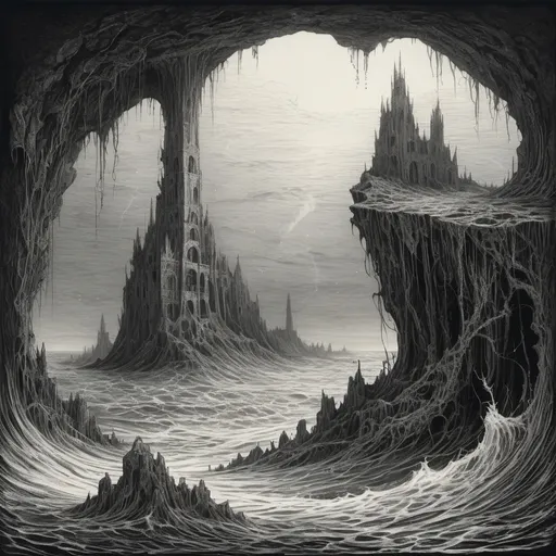 Prompt: submerged fantasy ruined city sprouting organic tendrils of organic rock to the surface of the ocean above, beautiful line art, b and w, etching illustration, square sticker, masterpiece, Gustav Dore, Zdzisław Beksiński