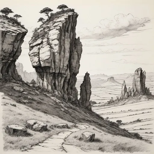 Prompt: detailed line drawing, india ink, pen and ink, sharp jutting natural rock formations breaking up the grassy plains, extend for miles, natural flora has already been growing on the rock for centuries, drawn as a panorama from a distance to capture the majesty, monotone, high contrast, Arthur Rackham