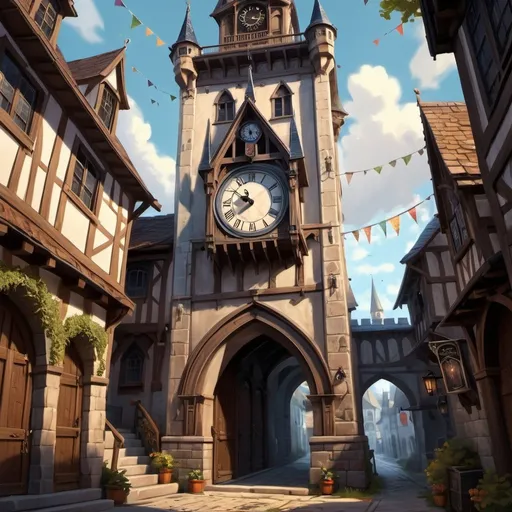 Prompt: a tall gothic clock tower, in a medieval fantasy town, archway, rivetted door, silk pennants, fantasy, intricate, classic embellishments, highly detailed, digital painting, artstation, concept art, sharp focus, full body illustration