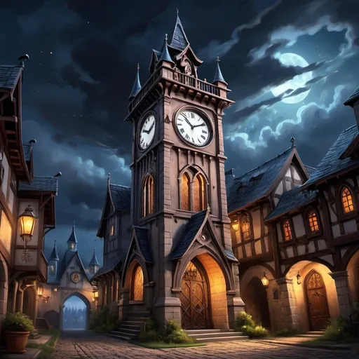 Prompt: a freestanding 6-storey tall gothic clock tower, in a medieval fantasy town, heavy arched door with rivets, fey motifs, fantasy, intricate, classic embellishments, dark twilight sky above, 
highly detailed, digital painting, artstation, concept art, sharp focus, full body illustration