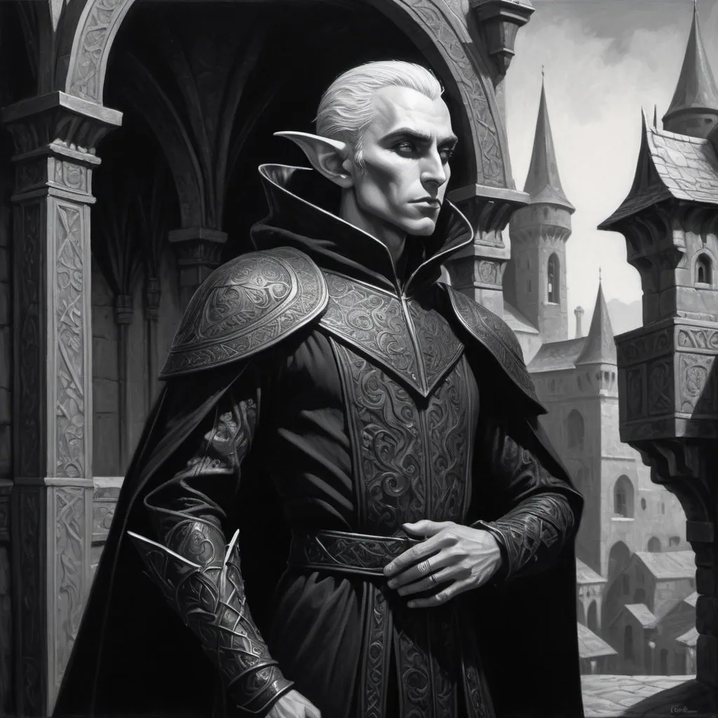 Prompt: detailed black and white painting of a black obsidian carved noble male elf figure wearing fine clothing angular features he might be mistaken for a living being, his skin is pure black, set against a backdrop of a busy medieval town, acrylic, detailed, full body pose, volumetric lighting, Gerald Brom, Darius Sawadzki, very slight contrast