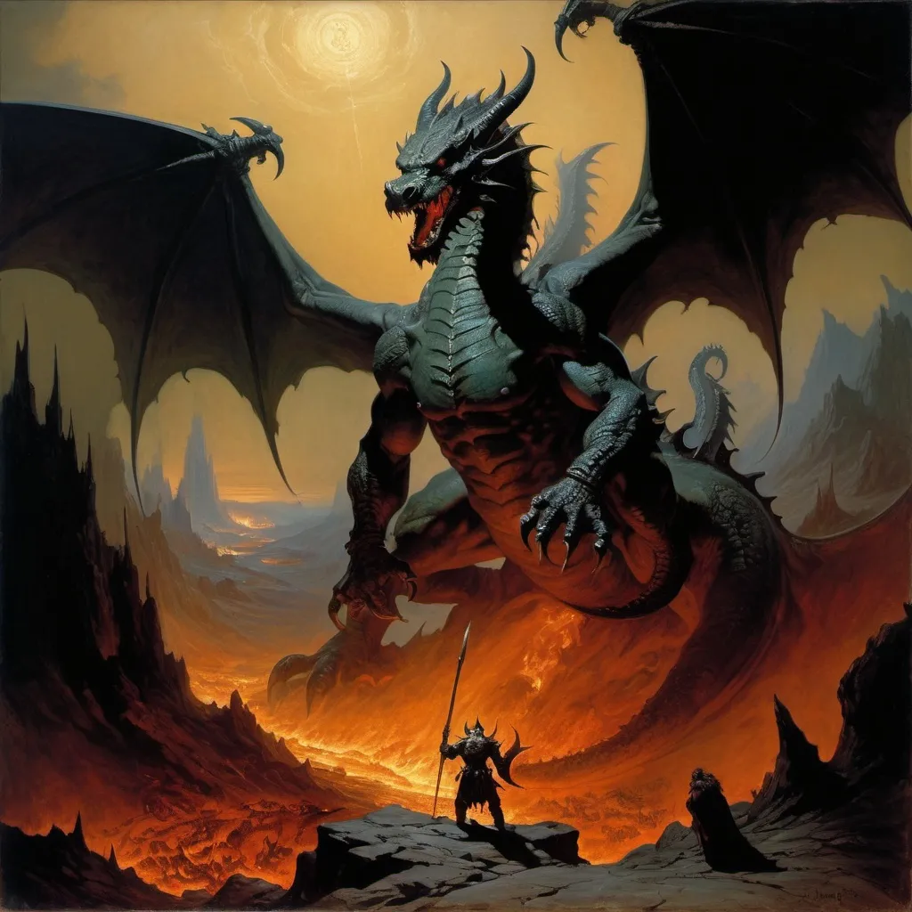 Prompt: Frazetta, Gerald Brom, Gustav Dore paint a brutal panoramic landscape of Hell, Tiamat the dragon dominates the foreground, masterpiece, old masters, oil paint, grim, dark