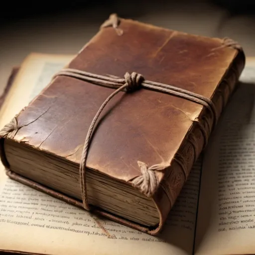 Prompt: Illustration, Old thick small leather book stuffed with old parchment pages and wrapped with a single leather cord, Very old, water damaged, close up,  Plain old page, faintly stained. highly detailed, 4k