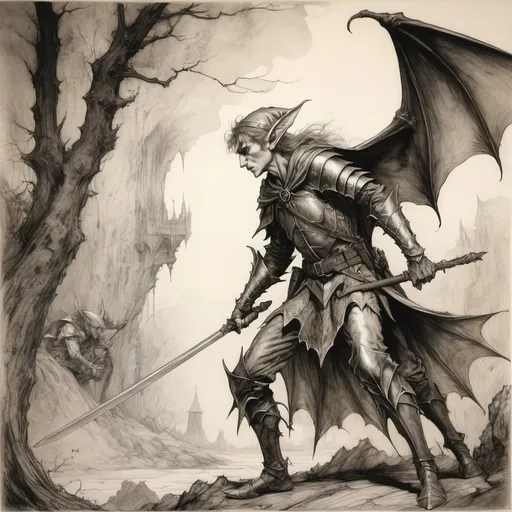 Prompt: An elf warrior in combat with a giant bat, Arthur Rackham, Alan Lee, duotone ink drawing, magnificent line work, detailed, dim lighting, 