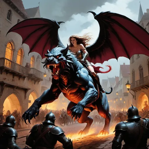 Prompt: Erol Otus and Frank Buscema collaborate on the magnificent vibrant painting, a female archimage is in a life or death struggle with dark knight riding a manticore, the fight is taking place in the streets of a classic fantasy town, a crowd looks on in horror, set the scene with plenty of props you would expect to see in a vibrant medieval plaza, dramatic colour and light, masterpiece artwork
