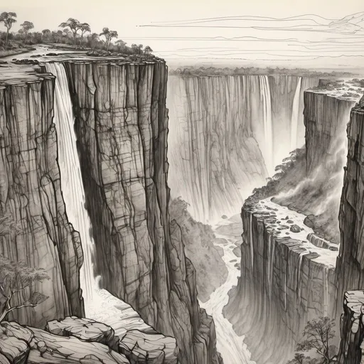 Prompt: detailed line drawing, india ink, pen and ink, the wide face of an epic sized escarpment with intermittent waterfalls similiar to Victoria Falls, nno foreground, drawn as a panorama from a distance to capture the majesty, monotone, high contrast, Arthur Rackham
