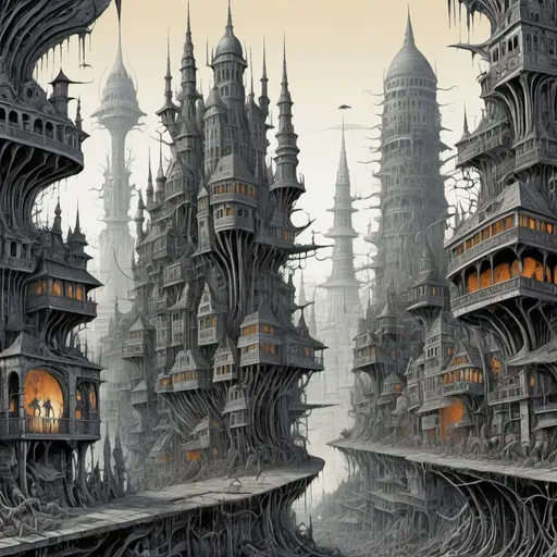 Prompt: A thousand legs are the foundation of this surreal fantasy city, beautiful line art, horror illustration, horizontal canvas, two tone, lithograph, masterpiece, Joe Fenton, Ian Miller
