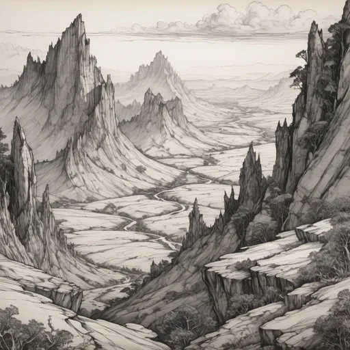 Prompt: detailed line drawing, india ink, pen and ink, deep jagged rifts in the landcape criss cross the plains, glimpses below reveal habitable valleys, extend for miles, natural flora has already been growing on the rock for centuries, forest in the foreground, drawn as a panorama from a distance to capture the majesty, monotone, high contrast, Arthur Rackham