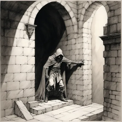 Prompt: More shadow and cloak than elf, a lithe assassin pulls itself from a solid brick wall of marble in a fantasy alley 
as though it was ethereal rather than flesh and bone, Arthur Rackham, Alan Lee, duotone ink drawing, magnificent line work, detailed, dim lighting, 