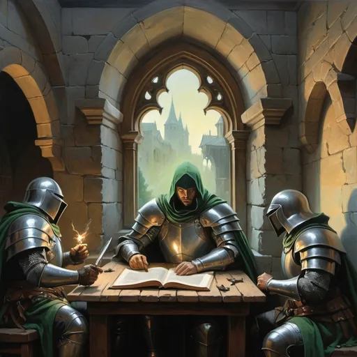 Prompt: brutalism, magnificent, masterpiece, volumetric lighting, oil painting done by Randy Vargas and Frank Frazetta, a group of menacing grey cloaked rogues fighting a resplendant paladin in plate armour, they are moving from a deeply shadowed bay window of a medieval tavern, the paladin is looking at an old spell book, a decorative window frames the seated paladin, dim light cast from a green moon that is outside the frame of the painting, realistic, detailed, dramatic
