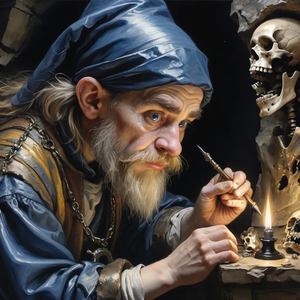 Prompt: Close up portrait style painting, rich oil paints, Vermeer, Arthur Rackham, a dwarf examines a large cut sapphire through a jewelers loupe, his mouth is slightly open in wonder, one eye is squeezed shut, the background is a dark wet cavern, the foreground is the moldering bones of a skeleton still wearing shreds of clothing and armour, candle light focuses the viewers eye on the dwarfs expression, dramatic, realistic