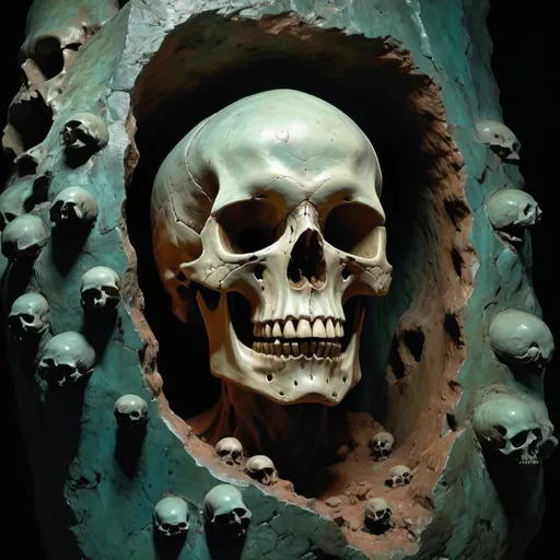 Prompt: hyper realistic paining, rich oil paints, low lighting, theatrical lighting, a claustrophobic cave with multiple elevations, an enormous old copper sculpture of skull suspended in mid-air, the skull has a rough hammered surface as made from millions of copper medallions, the skull is slightly asymmetrical and is ancient, verdigris patina, a place of dark worship, evil lurks within deep ancient eye sockets, people were never meant to see this sculpture, fantasy masterpiece, Gerald Brom, Jean 'Moebius' Girard