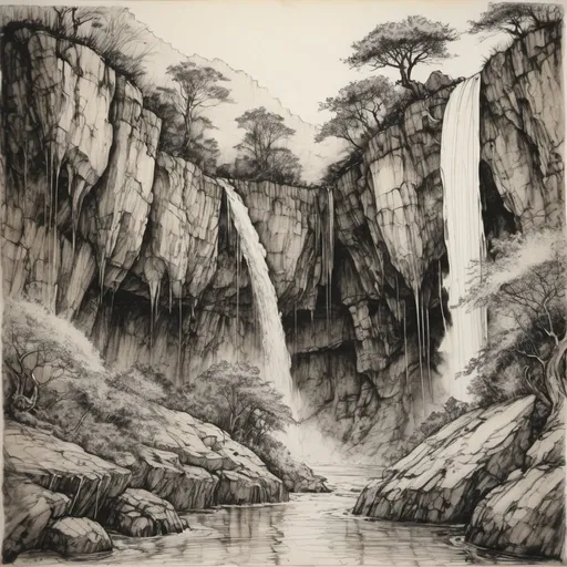 Prompt: detailed line drawing, india ink, pen and ink, an escarpment face with intermittent waterfalls, monotone, high contrast, Arthur Rackham