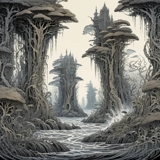 Prompt: Ian Miller's version of a fantasy kelp forest made of sandstone, beautiful line art, horror illustration, long vertical canvas, two tone, lithograph, masterpiece, Joe Fenton, Ian Miller
