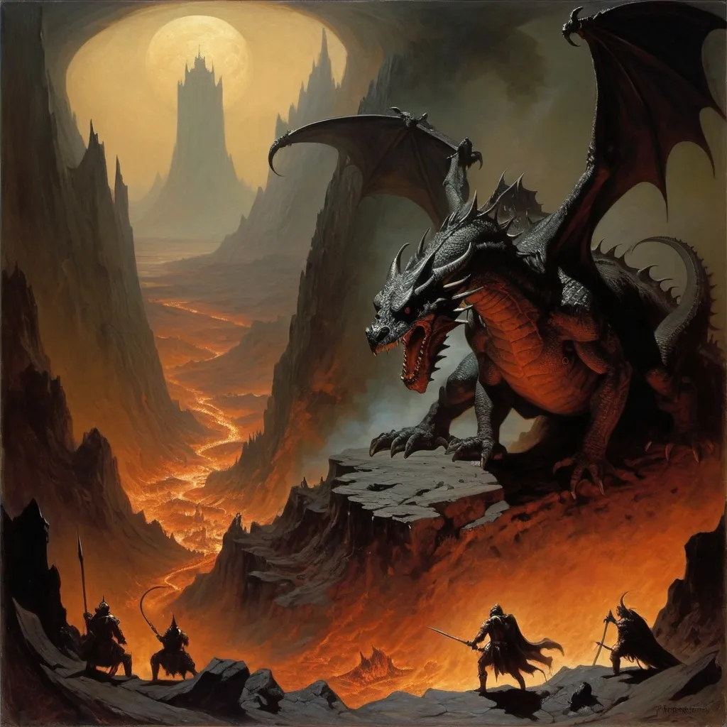 Prompt: Frazetta, Gerald Brom, Gustav Dore paint a brutal panoramic landscape of Hell, Tiamat the dragon dominates the foreground, masterpiece, old masters, oil paint, grim, dark