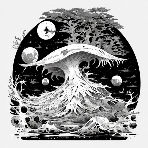 Prompt: impressive fantasy open ocean barren landscape, beautiful line art, pure b & w, etching illustration, square sticker, by joe fenton and greg rutkowski