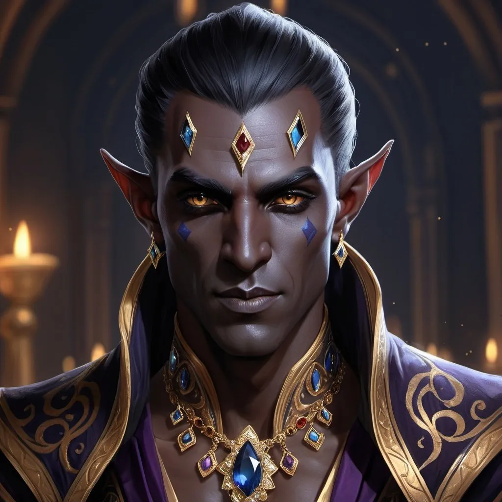 Prompt: a handsome noble male dark elf, obsidian skin, jewels, gemstones, silk, fantasy, intricate, elegant attire, highly detailed, digital painting, artstation, concept art, sharp focus, illustration