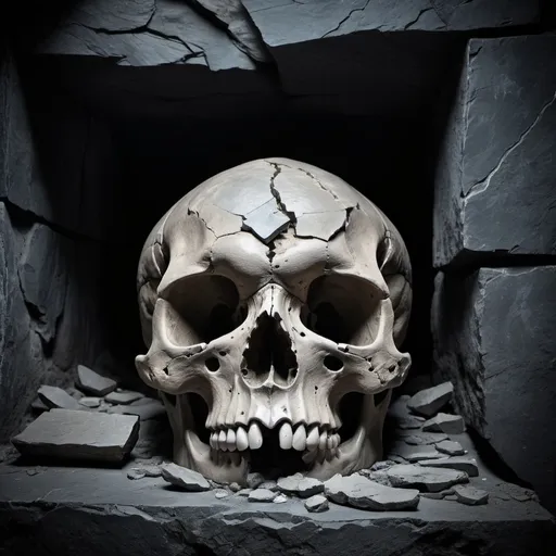 Prompt: large broken skull chiselled from crumbling slate, dark fantasy setting, place of worship, bathed in shadow, evil place of worship, deep beneath the earth