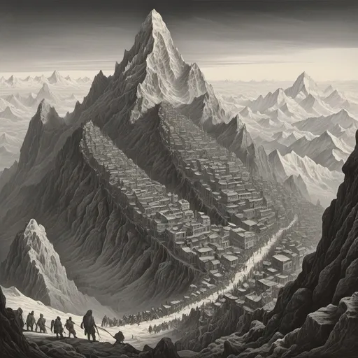 Prompt: A thousand caterpillar legs are the foundation of this surreal fantasy city crawling its way along the slopes of Everest, beautiful line art, horror illustration, horizontal canvas, two tone, lithograph, masterpiece, Joe Fenton, Gustav Dore


