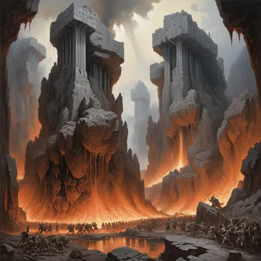 Prompt: brutalism, magnificent, masterpiece, volumetric lighting, oil painting done by Keith Parkinson and Bayard Wu, jutting rock formations erupting from a biblical hell landscape, carnage of medieval proportions, monochromatic, fine line work, an army of stereo typical devils are threading their way in military columns into the foreground