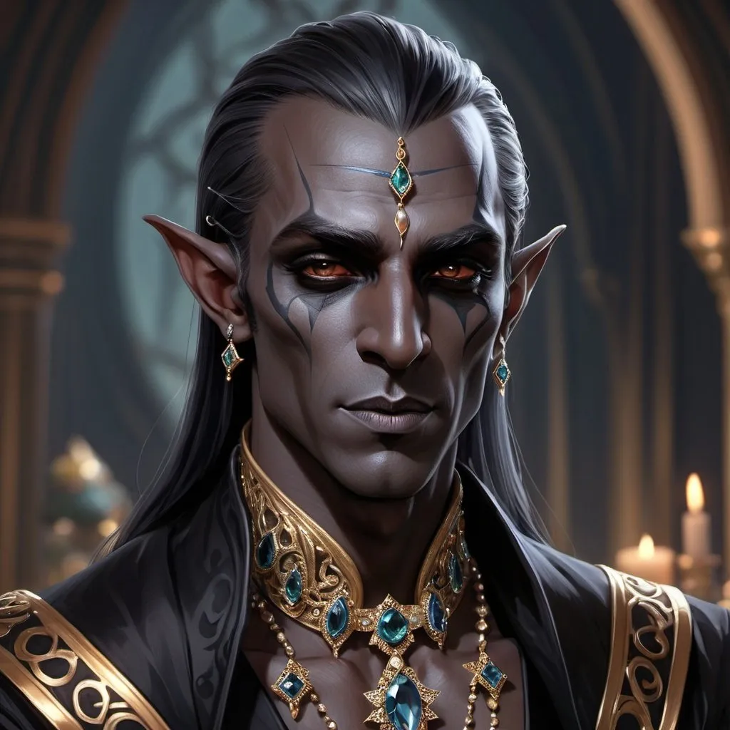 Prompt: a handsome noble male dark elf with a kind facial expression, obsidian skin, jewels, gemstones, silk, fantasy, intricate, black elegant attire, highly detailed, painting, artstation, concept art, sharp focus, full body illustration