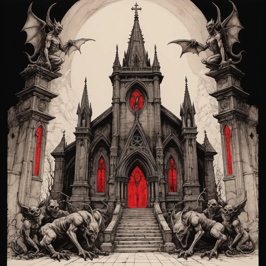 Prompt: detailed line drawing, india ink, pen and ink, neon sepia red, a diabolical church of evil complete with gargoyle statuary, evil, dark, very detailed, monotone, high contrast, Dyson Logos, Arthur Rackham