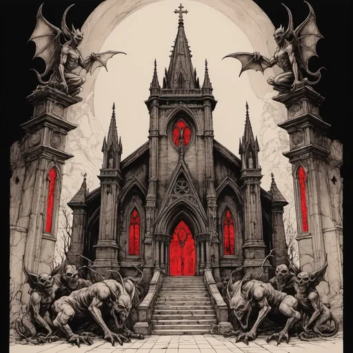 Prompt: detailed line drawing, india ink, pen and ink, neon sepia red, a diabolical church of evil complete with gargoyle statuary, evil, dark, very detailed, monotone, high contrast, Dyson Logos, Arthur Rackham