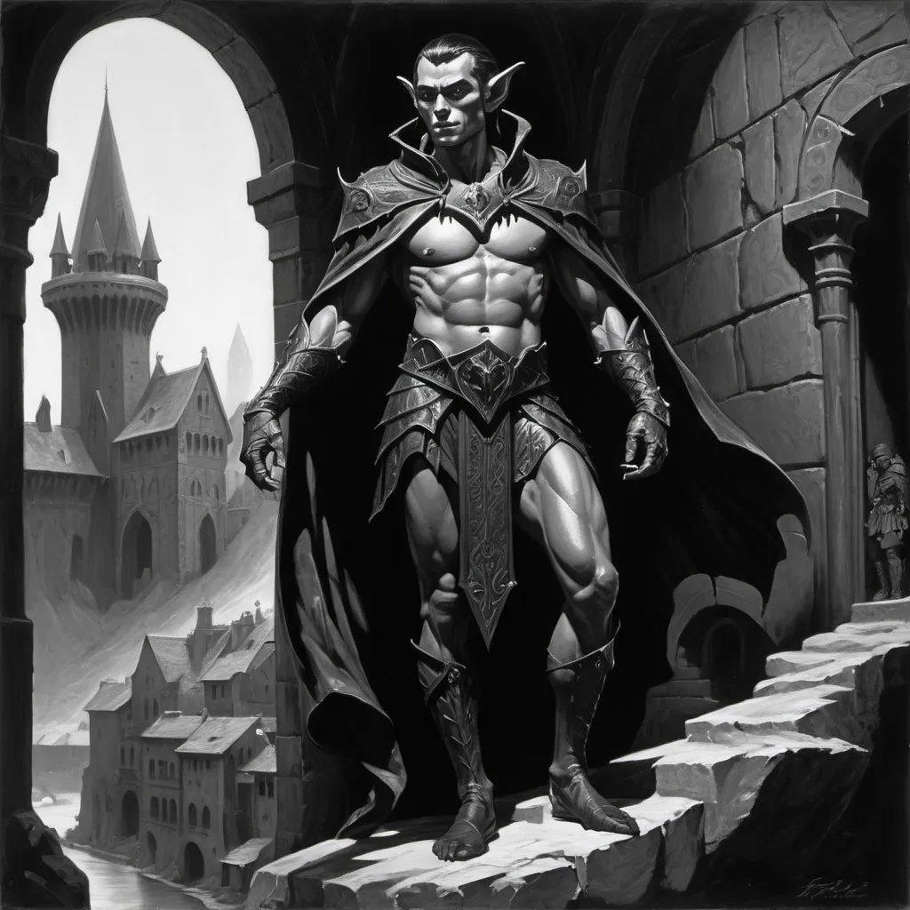 Prompt: detailed black and white painting of a black obsidian carved noble male elf made of black stone, figure wearing fine clothing angular features he might be mistaken for a living being, his skin is pure black, set against a backdrop of a busy medieval town, acrylic, detailed, full body pose, volumetric lighting, Helge C. Balzer, Frank Frazetta, very slight contrast