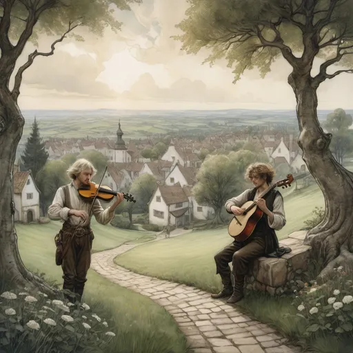 Prompt: Anato Finnstark and Arthur Rackham paint a vibrant and idyllic fantasy city, meadows and rolling hills, farm lands in the distance, pearl white heavenly baroque university surrounded by cobblestone paths and copses of curated trees, two bards are playing lyre and mandolin, realistic, bright, hopeful, Eden