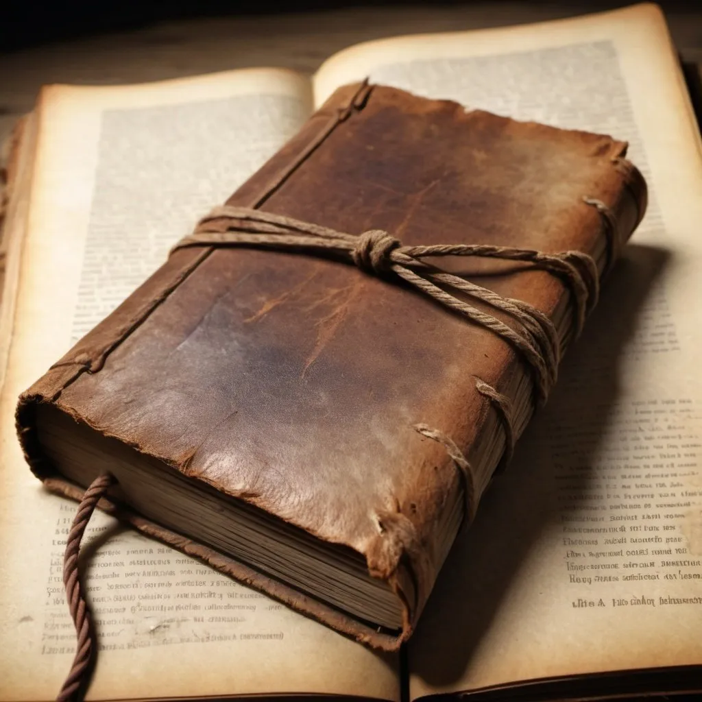 Prompt: Illustration, Old thick small leather book stuffed with old parchment pages and wrapped with a single leather cord, Very old, water damaged, close up,  Plain old page, faintly stained. highly detailed, 4k