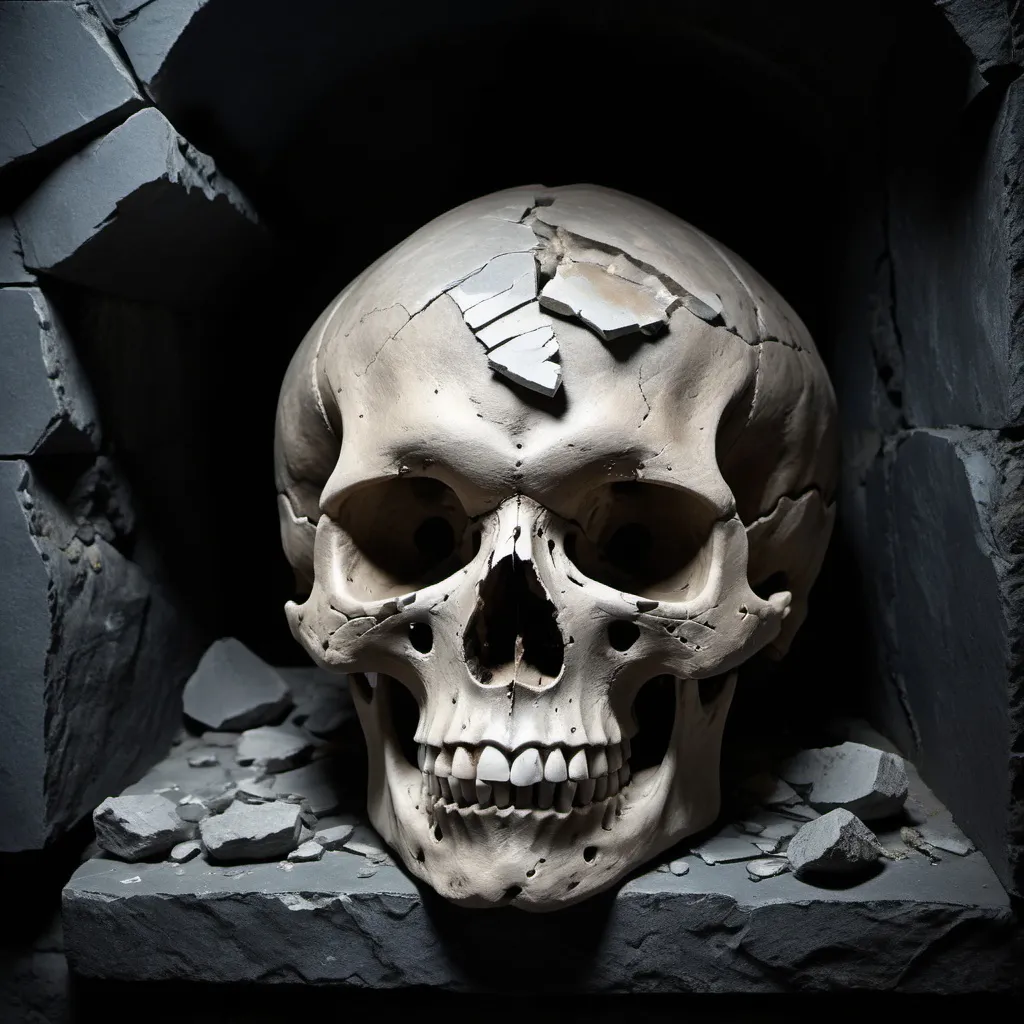 Prompt: large broken skull chiselled from crumbling slate, dark fantasy setting, place of worship, bathed in shadow, evil place of worship, deep beneath the earth