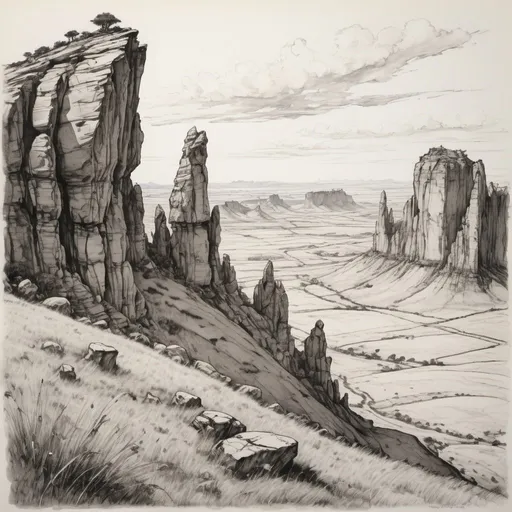Prompt: detailed line drawing, india ink, pen and ink, sharp jutting natural rock formations breaking up the grassy plains, extend for miles, natural flora has already been growing on the rock for centuries, drawn as a panorama from a distance to capture the majesty, monotone, high contrast, Arthur Rackham