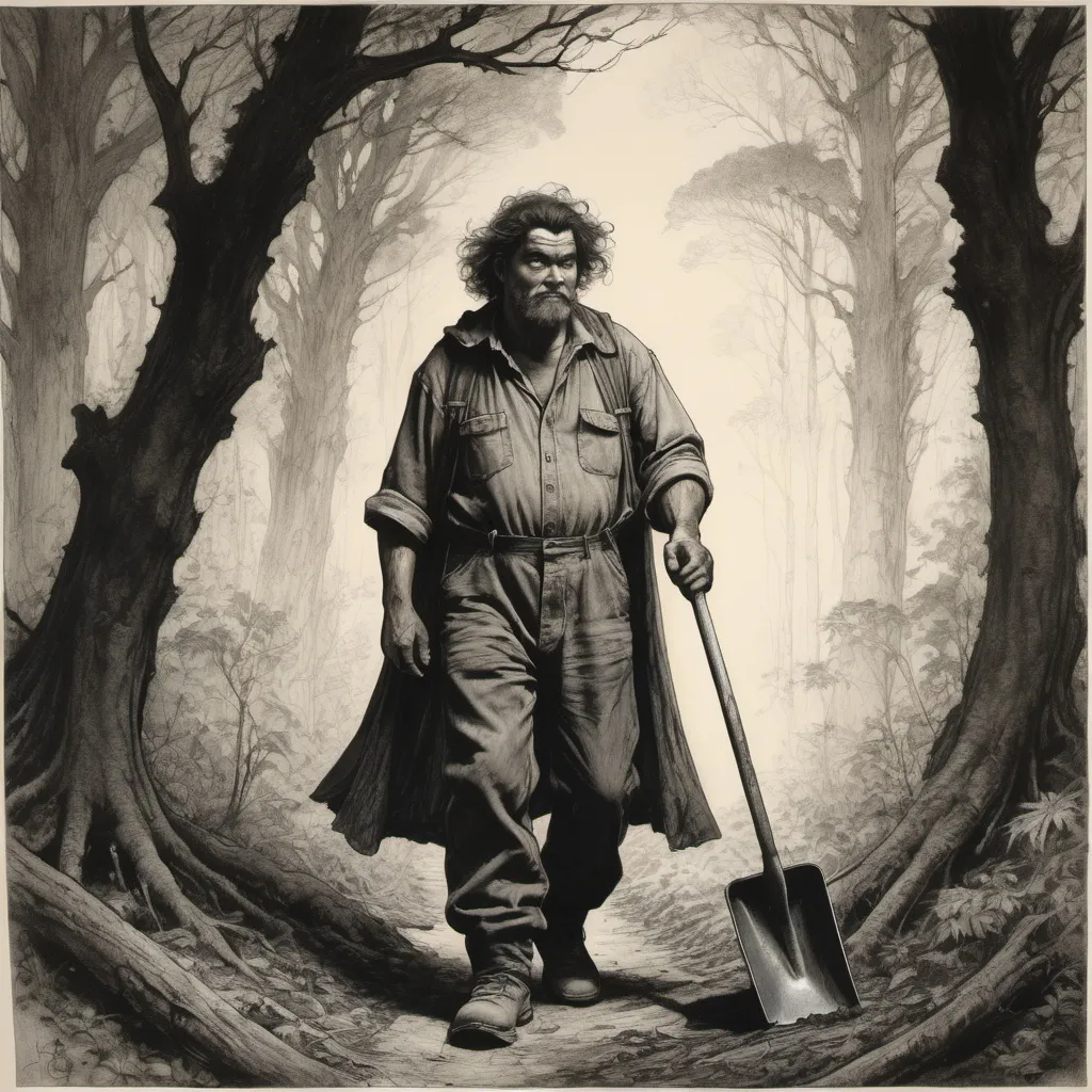 Prompt: A large friendly Samoan coal miner wearing overalls and large shadowed cloak walks through an old oak forest, he sports a large mop of dark hair and wields a long handled shovel over his shoulder, Arthur Rackham, Alan Lee, duotone ink drawing, magnificent line work, detailed, dim lighting, 