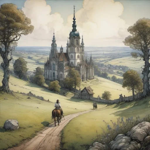 Prompt: Anato Finnstark and Arthur Rackham paint a vibrant and idyllic fantasy city, meadows and rolling hills, farm lands in the distance, pearl white heavenly cathedral and magnificent detailed baroque university, realistic, bright, hopeful, Eden