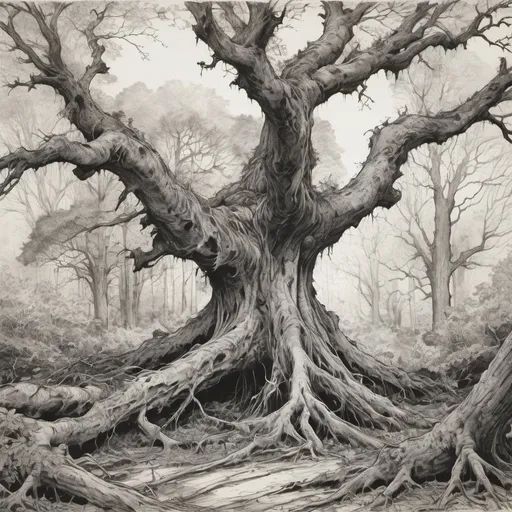 Prompt: detailed line drawing, india ink, pen and ink, in old forest of oak, a fallen massive tree has fallen over expsing its vast web of roots to the viewer, rich vegetation, drawn as though standing in the middle of the forest to capture the majesty, duotone, high contrast, Arthur Rackham