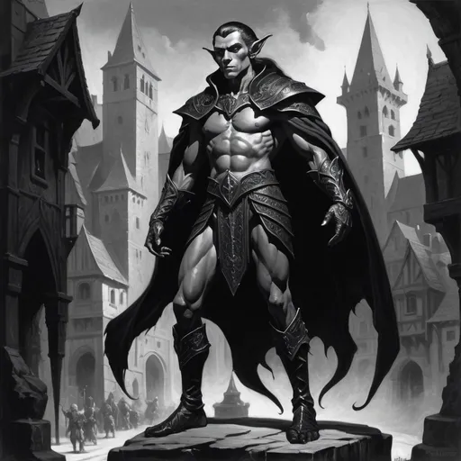 Prompt: detailed black and white painting of a black obsidian carved noble male elf made of black stone, figure wearing fine clothing angular features he might be mistaken for a living being, his skin is pure black, set against a backdrop of a busy medieval town, acrylic, detailed, full body pose, volumetric lighting, Helge C. Balzer, Frank Frazetta, very slight contrast