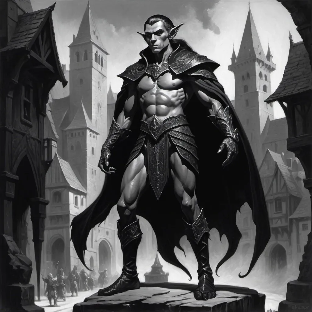 Prompt: detailed black and white painting of a black obsidian carved noble male elf made of black stone, figure wearing fine clothing angular features he might be mistaken for a living being, his skin is pure black, set against a backdrop of a busy medieval town, acrylic, detailed, full body pose, volumetric lighting, Helge C. Balzer, Frank Frazetta, very slight contrast