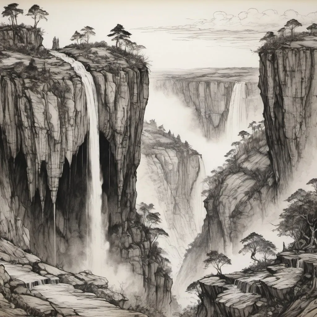 Prompt: detailed line drawing, india ink, pen and ink, the wide face of an epic sized escarpment with intermittent waterfalls, drawn as a panorama from a distance to capture the majesty, monotone, high contrast, Arthur Rackham