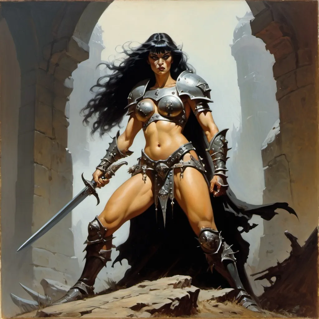 Prompt: Frazetta and Brom paint a female fantasy warrior, victorious, sword, full armour, slain foes scattered about, masterpiece, old masters, oil paint, grim, dark