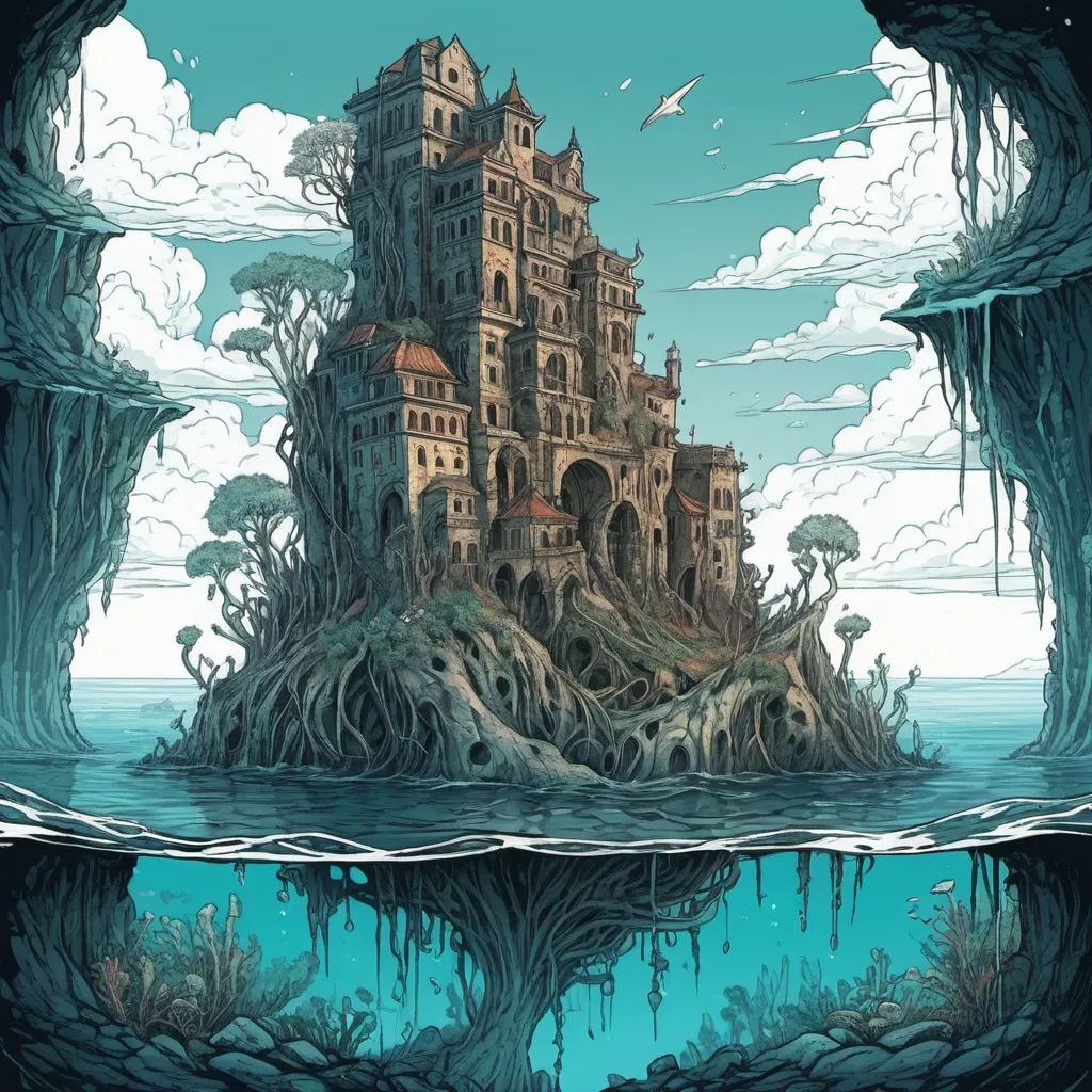 Prompt: submerged fantasy ruined city sprouting organic tendrils of organic rock to the surface of the ocean above, beautiful line art, illustration, square sticker, masterpiece, 