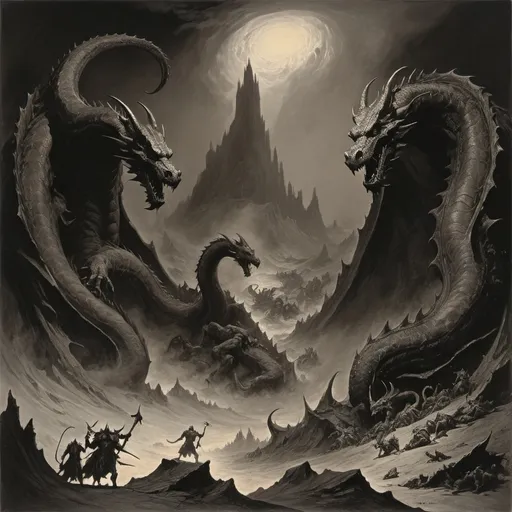 Prompt: Frazetta, Gerald Brom, Gustav Dore paint a brutal panoramic landscape of Hell, Tiamat the five-headed dragon dominates the foreground, lithograph, 
masterpiece, old masters, faded ink, grim, dark, delicate line work, dramatic lighting 
