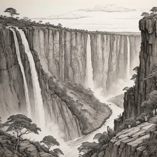 Prompt: detailed line drawing, india ink, pen and ink, the wide face of an epic sized escarpment with intermittent waterfalls similiar to Victoria Falls, drawn as a panorama from a distance to capture the majesty, monotone, high contrast, Arthur Rackham