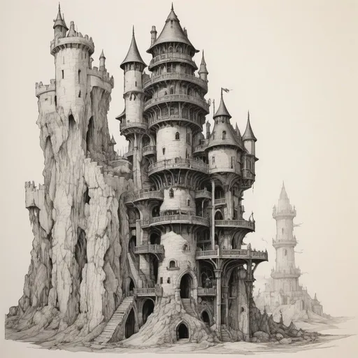 Prompt: detailed line drawing, india ink, pen and ink, cross section of a five-storey wizard's tower, very detailed, monotone, high contrast, Dyson Logos, Arthur Rackham